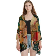  Floral Design 03 Open Front 3/4 Sleeve Batwing Chiffon Cardigan Kimono by myclothy