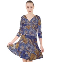  Floral Design Quarter Sleeve Front Wrap Dress