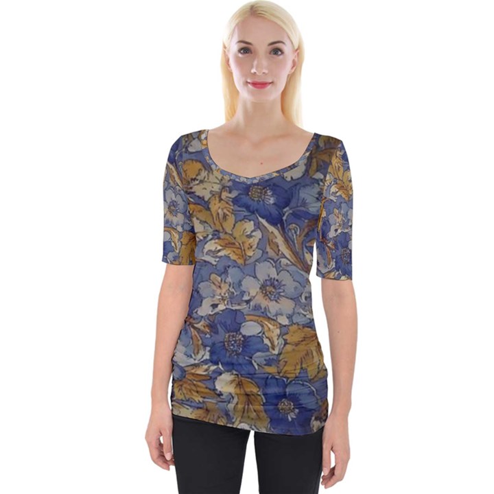  Floral Design Wide Neckline T-Shirt