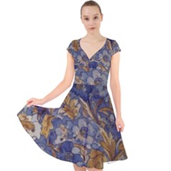  Floral Design Cap Sleeve Front Wrap Midi Dress