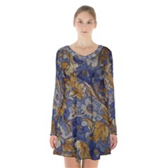  Floral Design Long Sleeve Velvet V-neck Dress