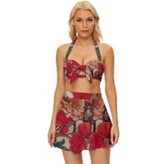 Floral Design 05 Vintage Style Bikini Top And Skirt Set 