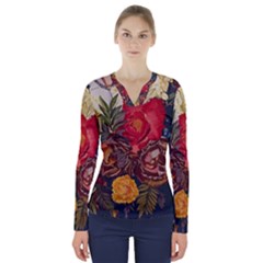 Floral Design 06 V-neck Long Sleeve Top