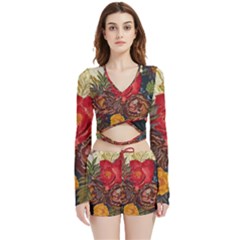 Floral Design 06 Velvet Wrap Crop Top And Shorts Set