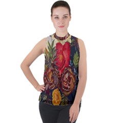 Floral Design 06 Mock Neck Chiffon Sleeveless Top