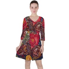 Floral Design 06 Quarter Sleeve Ruffle Waist Dress