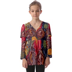 Floral Design 06 Kids  V Neck Casual Top