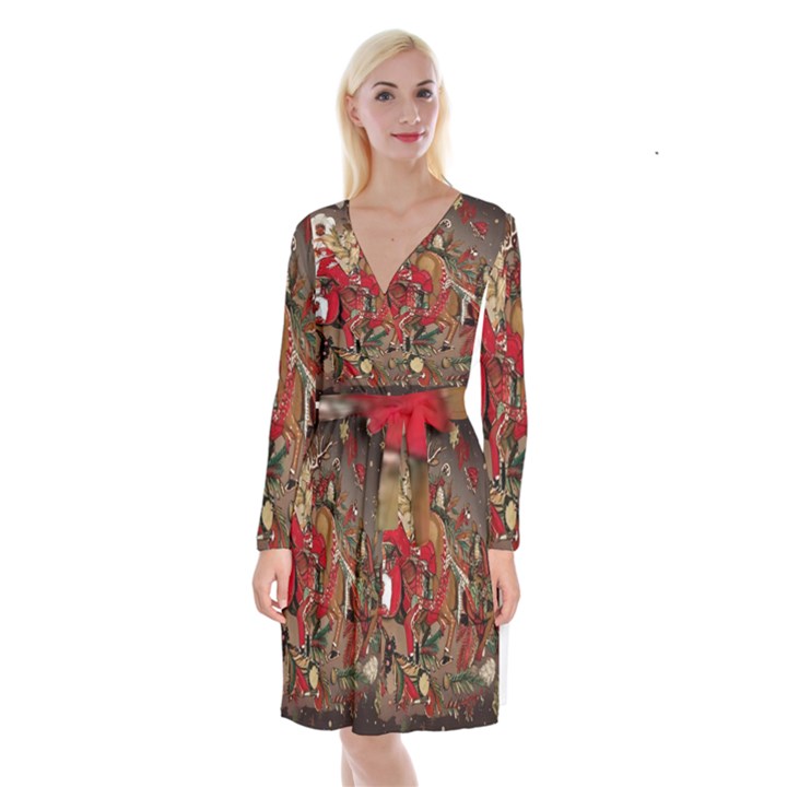 Christmas Art 01 Long Sleeve Velvet Front Wrap Dress