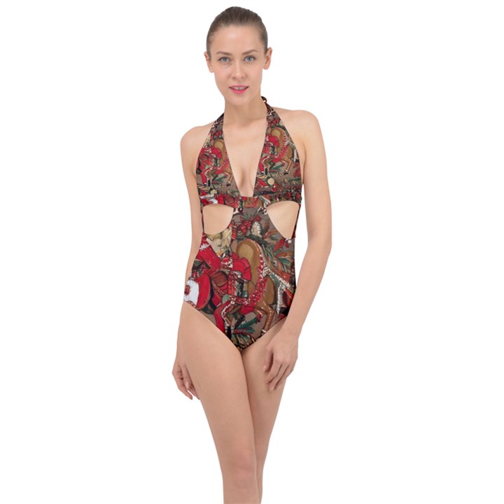 Christmas Art 01 Halter Front Plunge Swimsuit