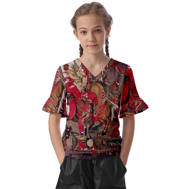 Christmas Art 01 Kids  V-Neck Horn Sleeve Blouse