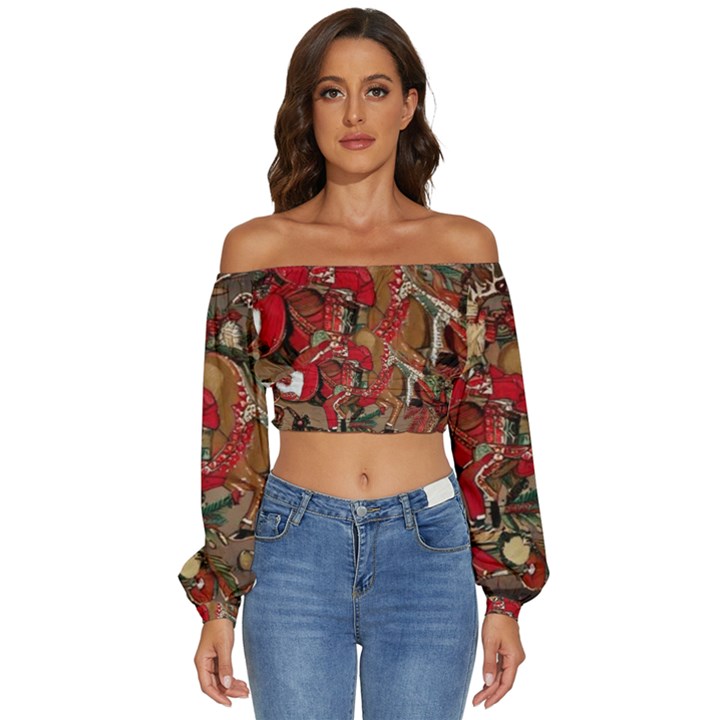 Christmas Art 01 Long Sleeve Crinkled Weave Crop Top