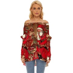 Christmas Art Off Shoulder Chiffon Pocket Shirt