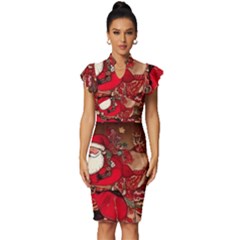 Christmas Art Vintage Frill Sleeve V-neck Bodycon Dress