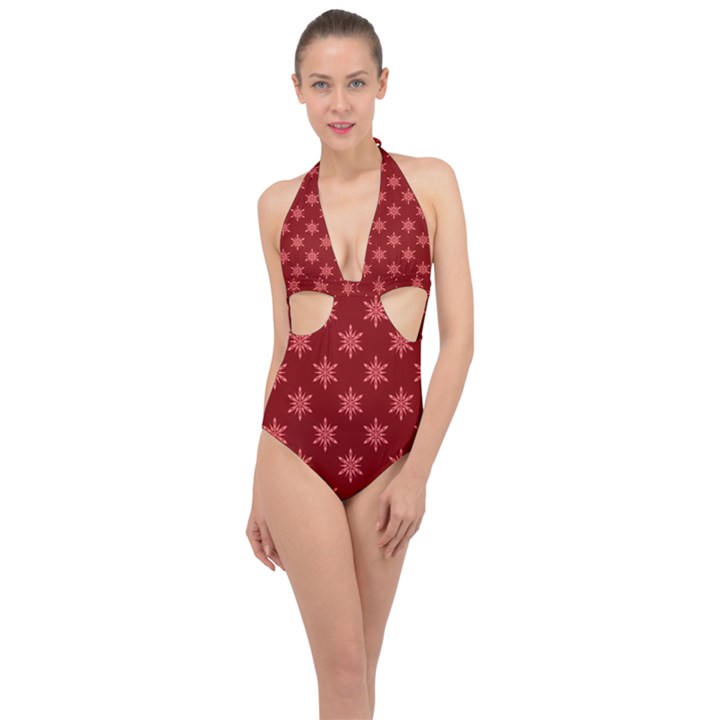 Illustrations Red Abstract Pattern Seamless Texture Halter Front Plunge Swimsuit