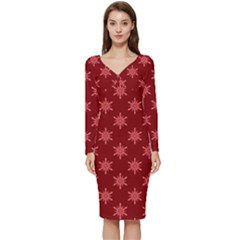 Illustrations Red Abstract Pattern Seamless Texture Long Sleeve V-neck Bodycon Dress  by Hannah976