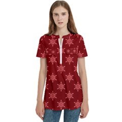 Illustrations Red Abstract Pattern Seamless Texture Women s Zip Front V-neck Short Sleeve Casual Top Pocket Shirt