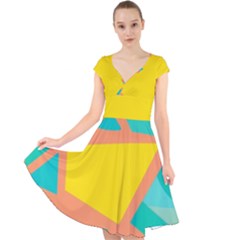 Geometric Design 02 Cap Sleeve Front Wrap Midi Dress