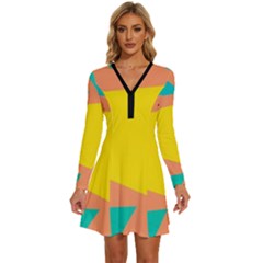 Geometric Design 02 Long Sleeve Deep V Mini Dress 