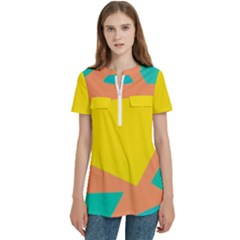 Geometric Design 02 Women s Zip Front V-neck Short Sleeve Casual Top Pocket Shirt