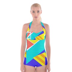 Geometric  Design 04 Boyleg Halter Swimsuit 