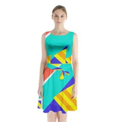 Geometric  Design 04 Sleeveless Waist Tie Chiffon Dress