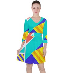 Geometric  Design 04 Quarter Sleeve Ruffle Waist Dress