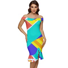 Geometric  Design 04 Off Shoulder Ruffle Split Hem Bodycon Dress