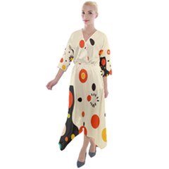 Geometric Design Quarter Sleeve Wrap Front Maxi Dress