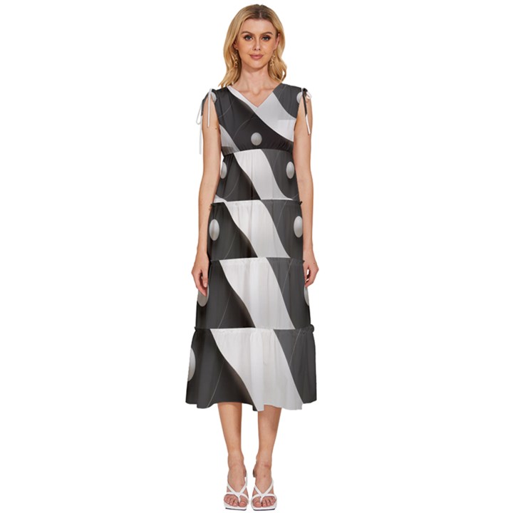 Geometric Design o6 V-Neck Drawstring Shoulder Sleeveless Maxi Dress