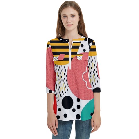 Geometric Design 07 Women s Zip Front V-neck 3/4 Sleeve Casual Top Pocket Shirt by myclothy