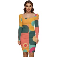 Geometric Design 08 Women Long Sleeve Ruched Stretch Jersey Dress