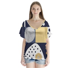 Geometric Design 10 V-neck Flutter Sleeve Top