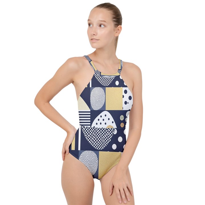 Geometric Design 10 High Neck One Piece Swimsuit