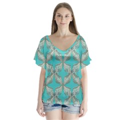 Geometric Design 13 V-neck Flutter Sleeve Top