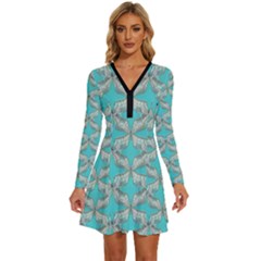 Geometric Design 13 Long Sleeve Deep V Mini Dress 