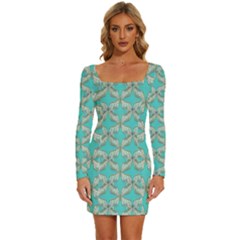 Geometric Design 13 Long Sleeve Square Neck Bodycon Velvet Dress