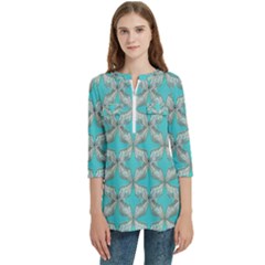 Geometric Design 13 Women s Zip Front V-neck 3/4 Sleeve Casual Top Pocket Shirt