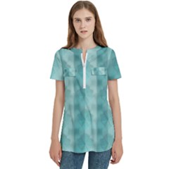 Geometric Design 14 Women s Zip Front V-neck Short Sleeve Casual Top Pocket Shirt