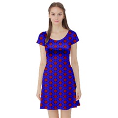 Blue Pattern Red Texture Short Sleeve Skater Dress