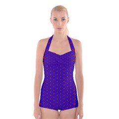 Blue Pattern Red Texture Boyleg Halter Swimsuit 