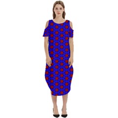 Blue Pattern Red Texture Cold Shoulder Loose Fit Dress With Pockets