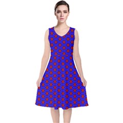 Blue Pattern Red Texture V-neck Midi Sleeveless Dress 