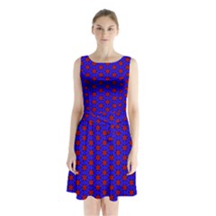 Blue Pattern Red Texture Sleeveless Waist Tie Chiffon Dress