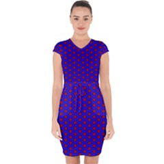 Blue Pattern Red Texture Capsleeve Drawstring Dress 