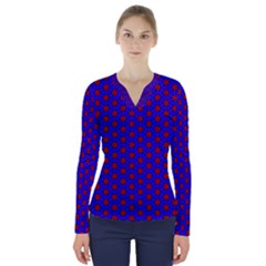 Blue Pattern Red Texture V-neck Long Sleeve Top