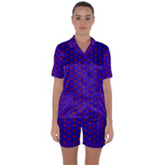 Blue Pattern Red Texture Satin Short Sleeve Pajamas Set