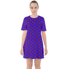 Blue Pattern Red Texture Sixties Short Sleeve Mini Dress