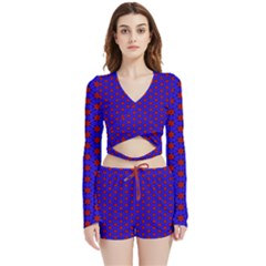 Blue Pattern Red Texture Velvet Wrap Crop Top And Shorts Set