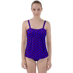 Blue Pattern Red Texture Twist Front Tankini Set