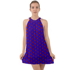 Blue Pattern Red Texture Halter Tie Back Chiffon Dress